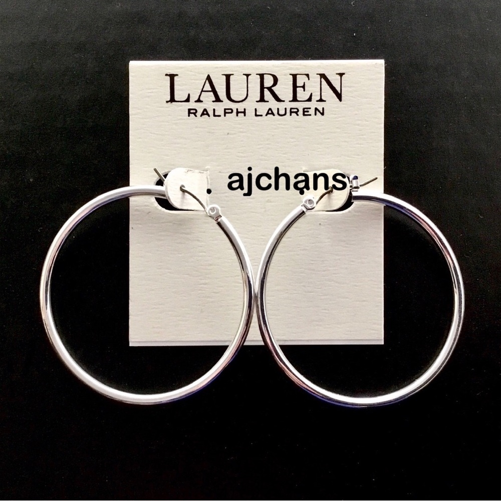 Lauren Ralph Lauren Shiny Silver Hoop Earrings 1-5/8"